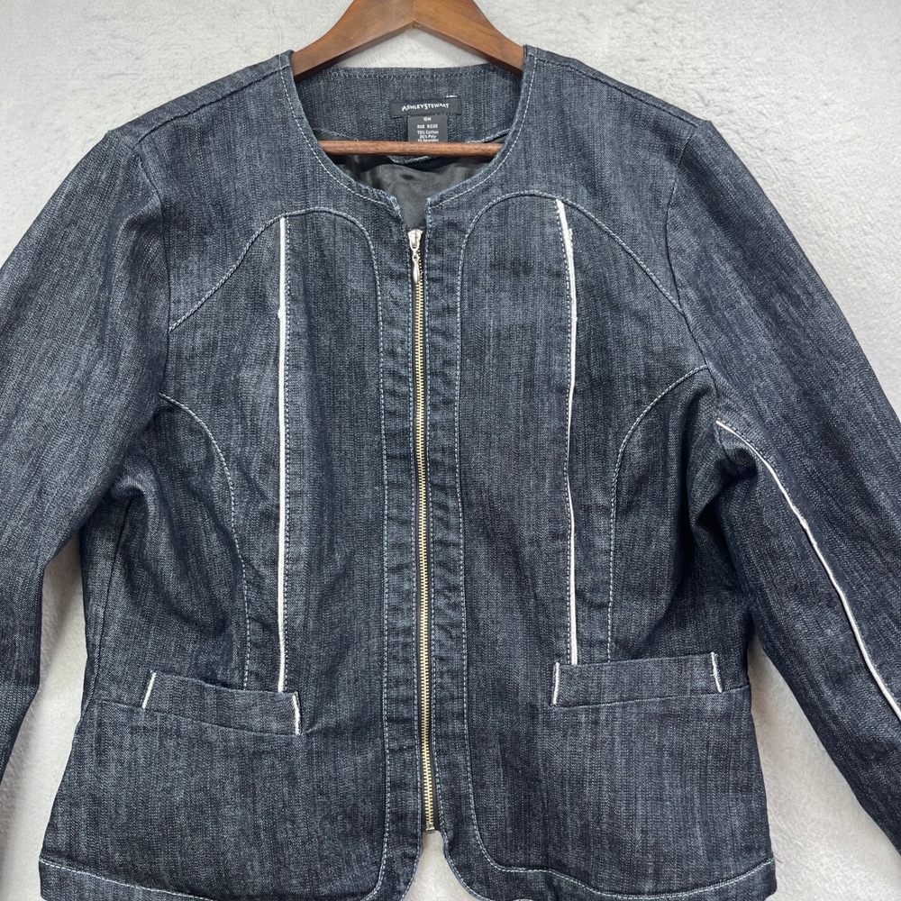 Ashley Stewart Denim Jacket Womens 16W Dark Blue Jean Zip Up Piping Plus Size - Picture 2 of 5